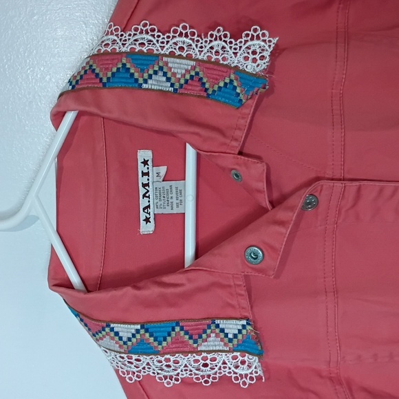 Ami Peachy Orange Coral Shabby Chic Western Jacket w/ Lace Collar Trim M - Picture 3 of 10
